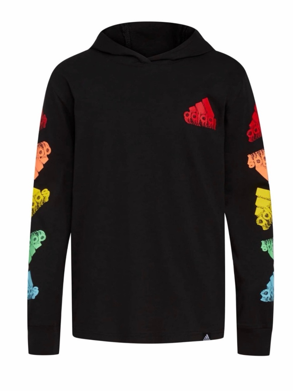 Adidas Black long sleeve w/ hood Rainbow Logo Sleeves boys 14/16 large NWT